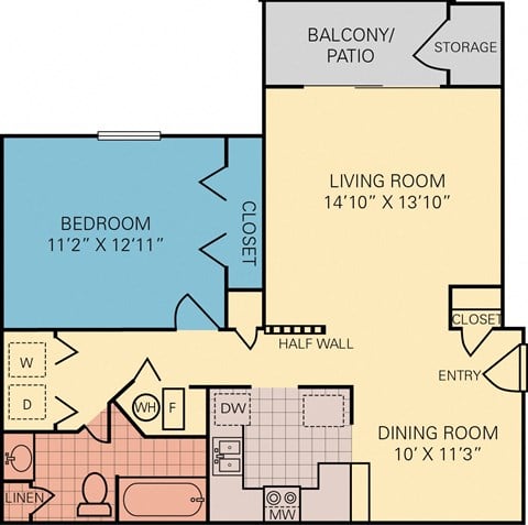 Floor plan for 1 bed, 1 bath, 758 sqft
